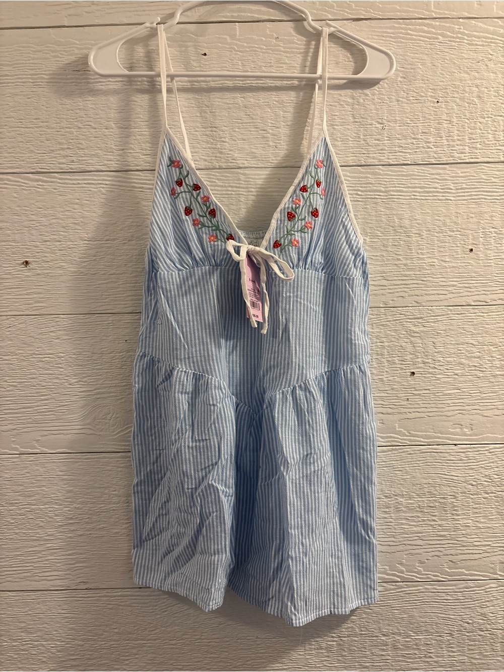 Light Blue Striped Swim Cover/Dress with Strawberry Embroidery